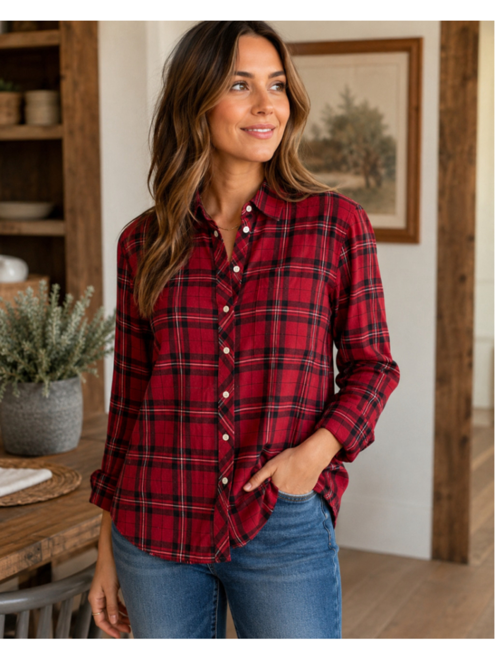 Women's Talbots Petite Red & Black Plaid Button Down Shirt MP Summer Sale